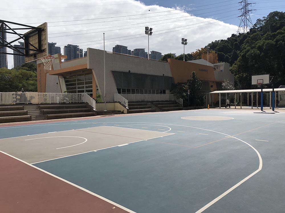 existing swimming pool. View from the basketball court